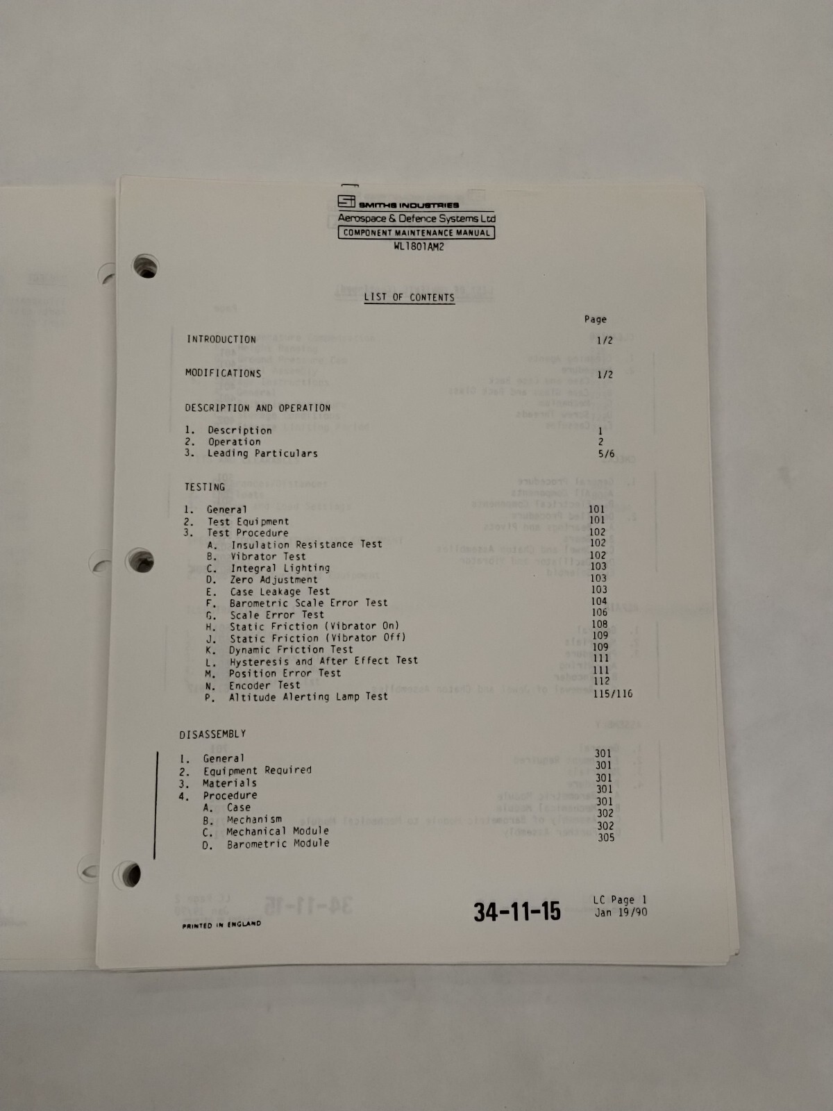 Smiths Industries Counter/Pointer Altimter WL 1801AM2 Maintenance/Parts-Original