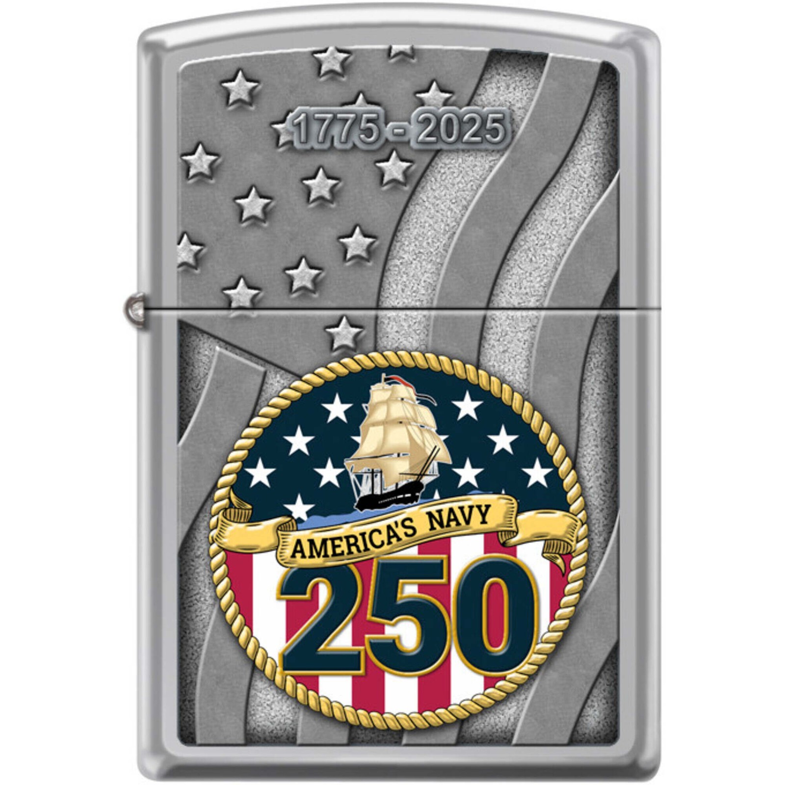 Zippo Windproof Pocket Lighter US Navy 250th High Polish Chrome Metal XC357