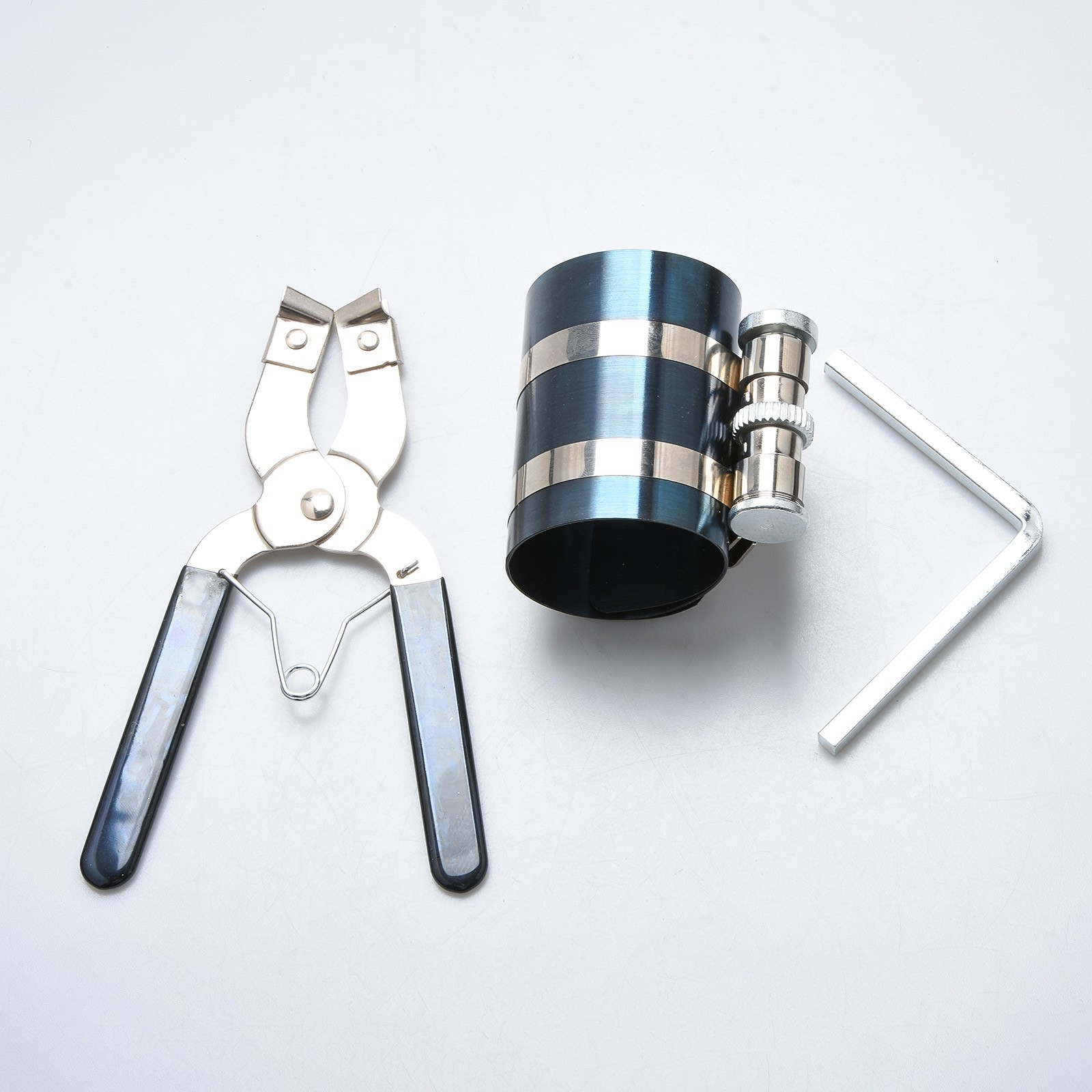 Compact Piston Ring Compressor Tool Set with Pliers & Wrench for Engine Overhaul