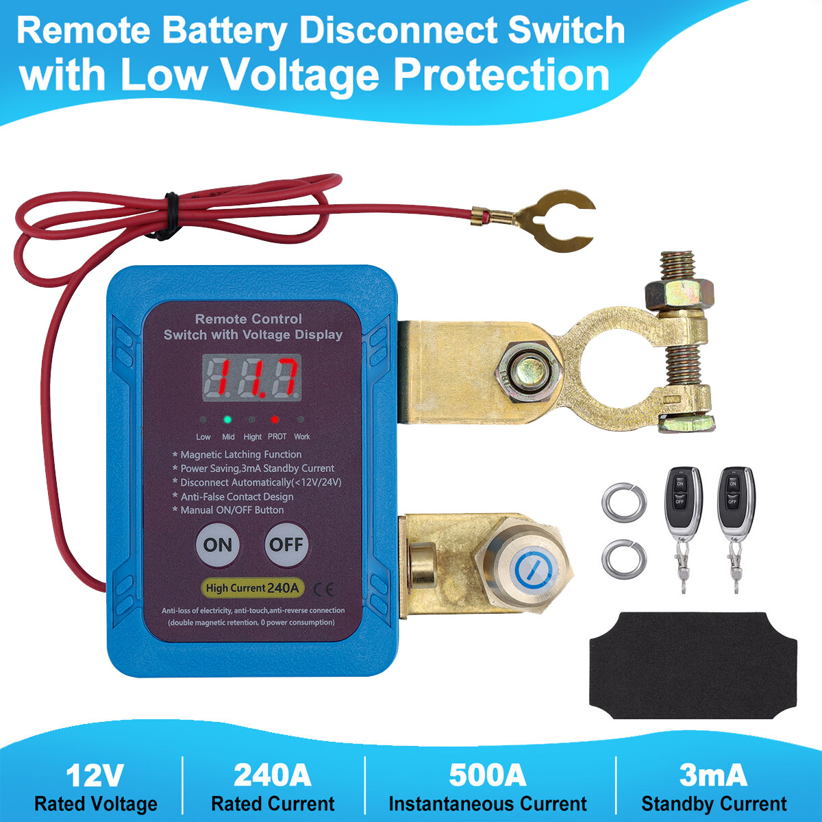 12/24V Remote Battery Disconnect Switch Car Kill Switch With LED Voltage Display