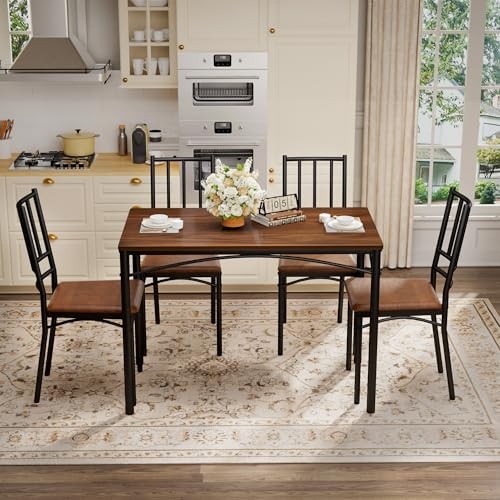 GDFStudio 43.3" Dining Table Set with 4 Chairs, Industrial Kitchen Bar Walnut