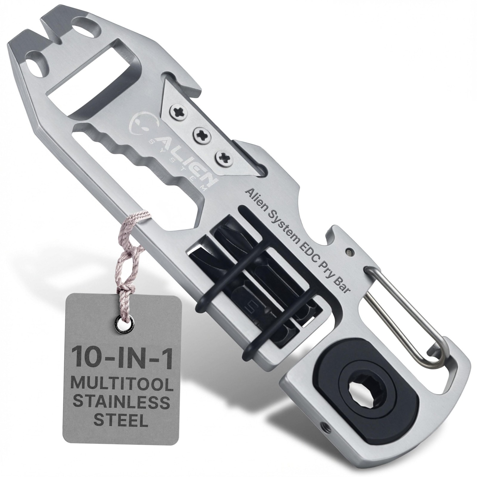 EDC Pry Bar Multitool - 10-in-1 Everyday Carry Pocket Tool & Carabiner Silver