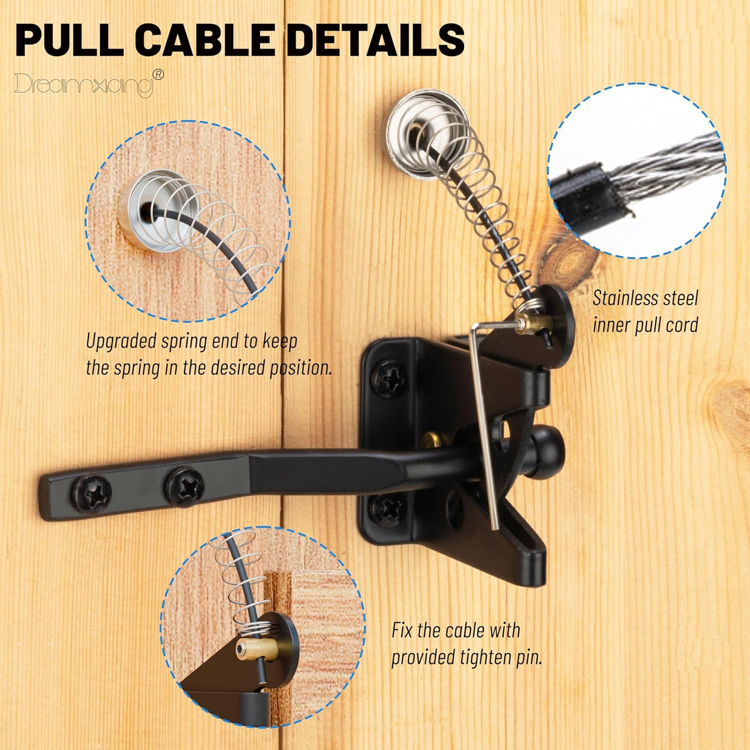 Gate Latch Cable Pull, Spring-Loaded Latch Kit for Wooden Fence Gates, Gate Latc