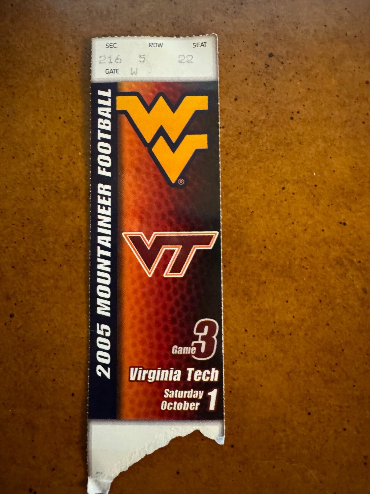 2005 West Virginia Mountaineers Virginia Tech Hokies Football Ticket Only Loss