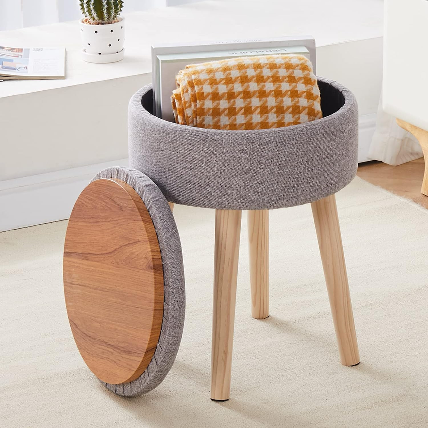 Storage Ottoman Linen Round Vanity Stool Tray Top Modern Foot Stool with Wood Le