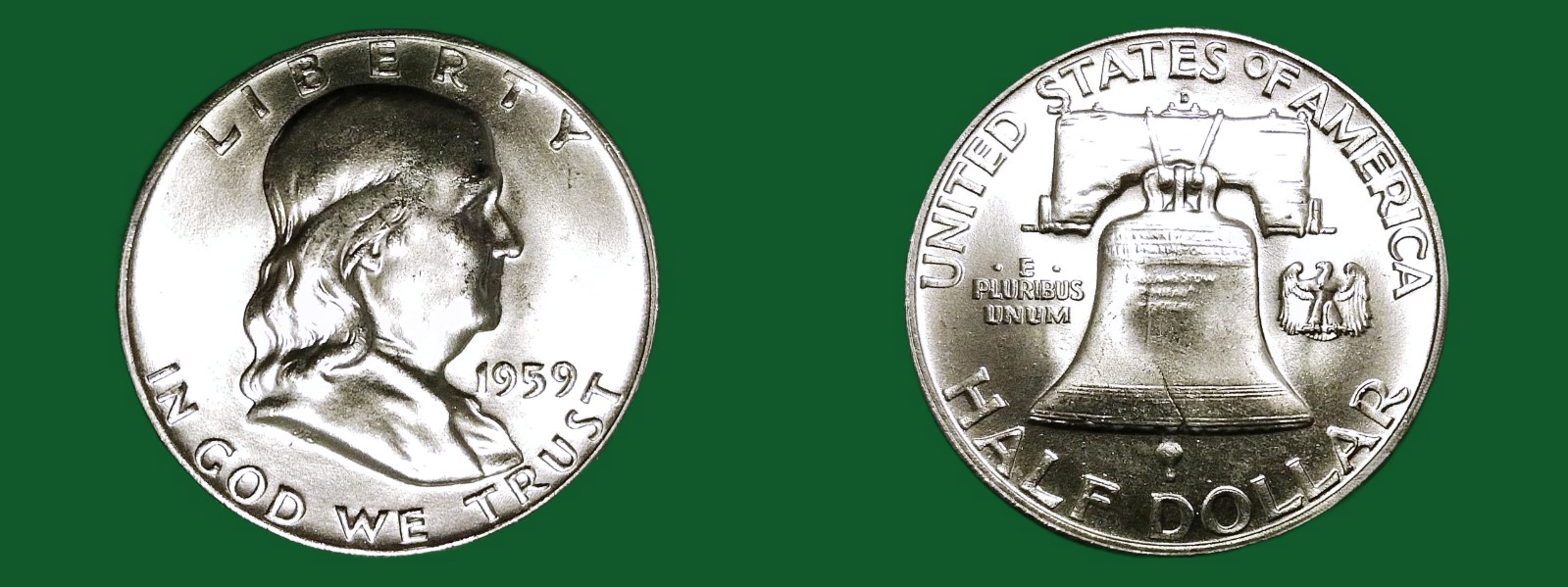 1959-D FRANKLIN HALF DOLLAR SILVER 50C BU+++ MS+++ NEAR FULL BELL LINES!!!