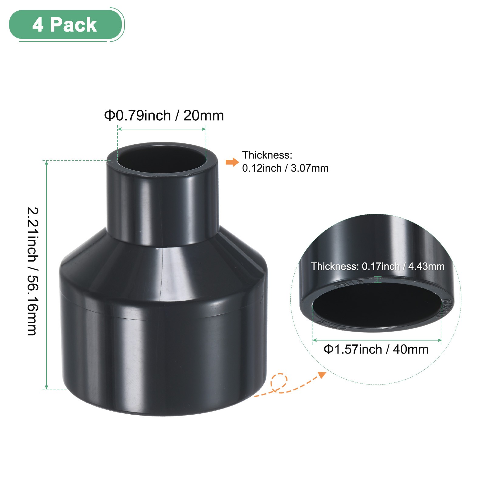 4-Pack UPVC Reducer Pipe Fitting, DN32*15 Reducing Coupling Connector, Grey