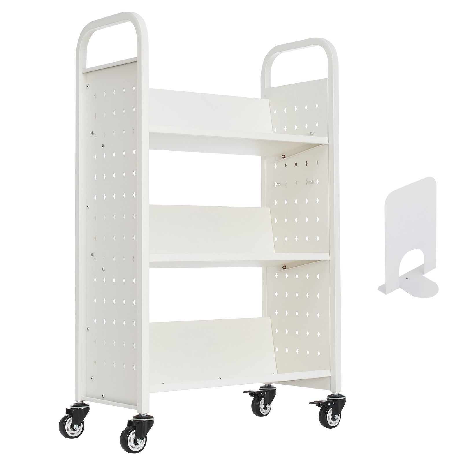 3-Tier Rolling Book Cart Single Sided V-Shaped Shelves Book Truck in White