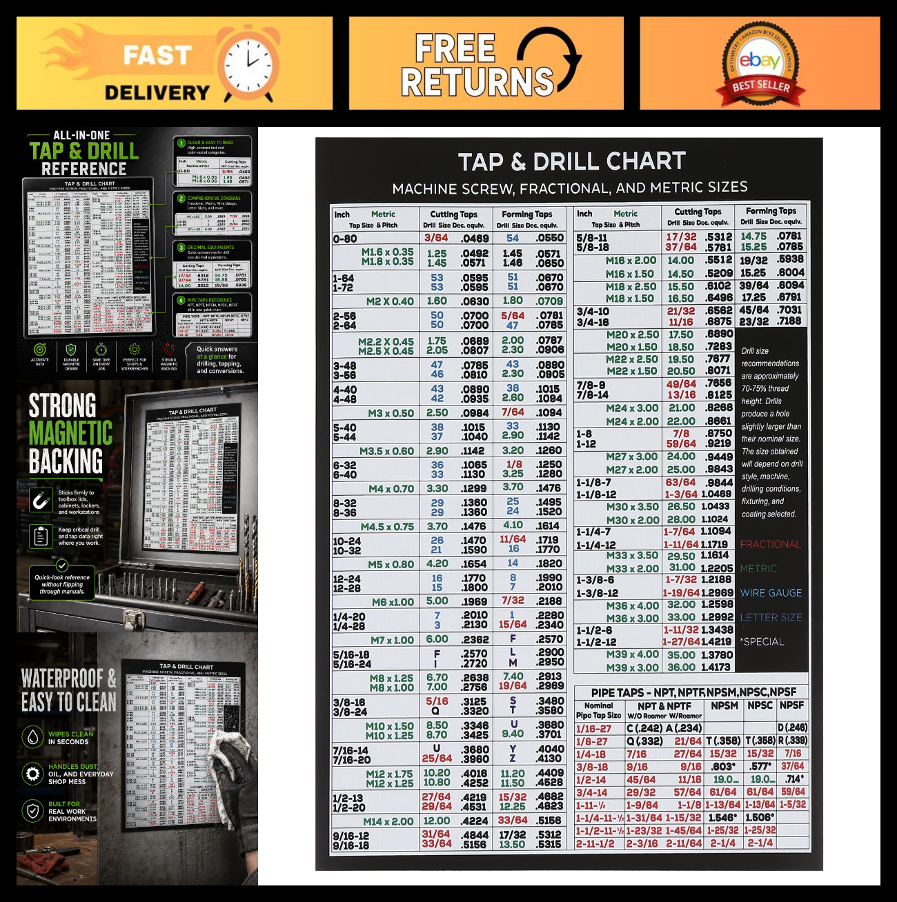 Magnetic Tap & Drill Chart for Machine Screws, Fractional & Metric Sizes - Refer