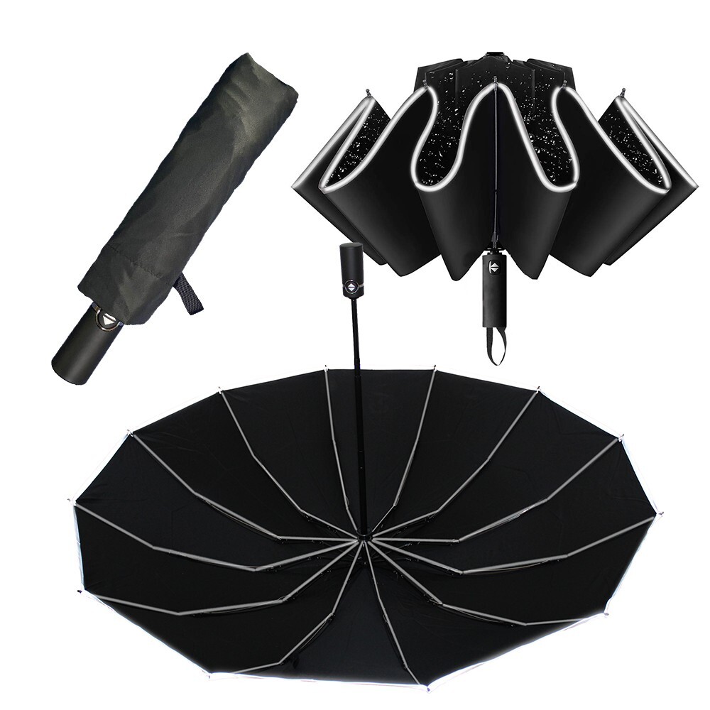 Stormproof Umbrella - Extra Strong With 12 Struts - Reflectors On Edge