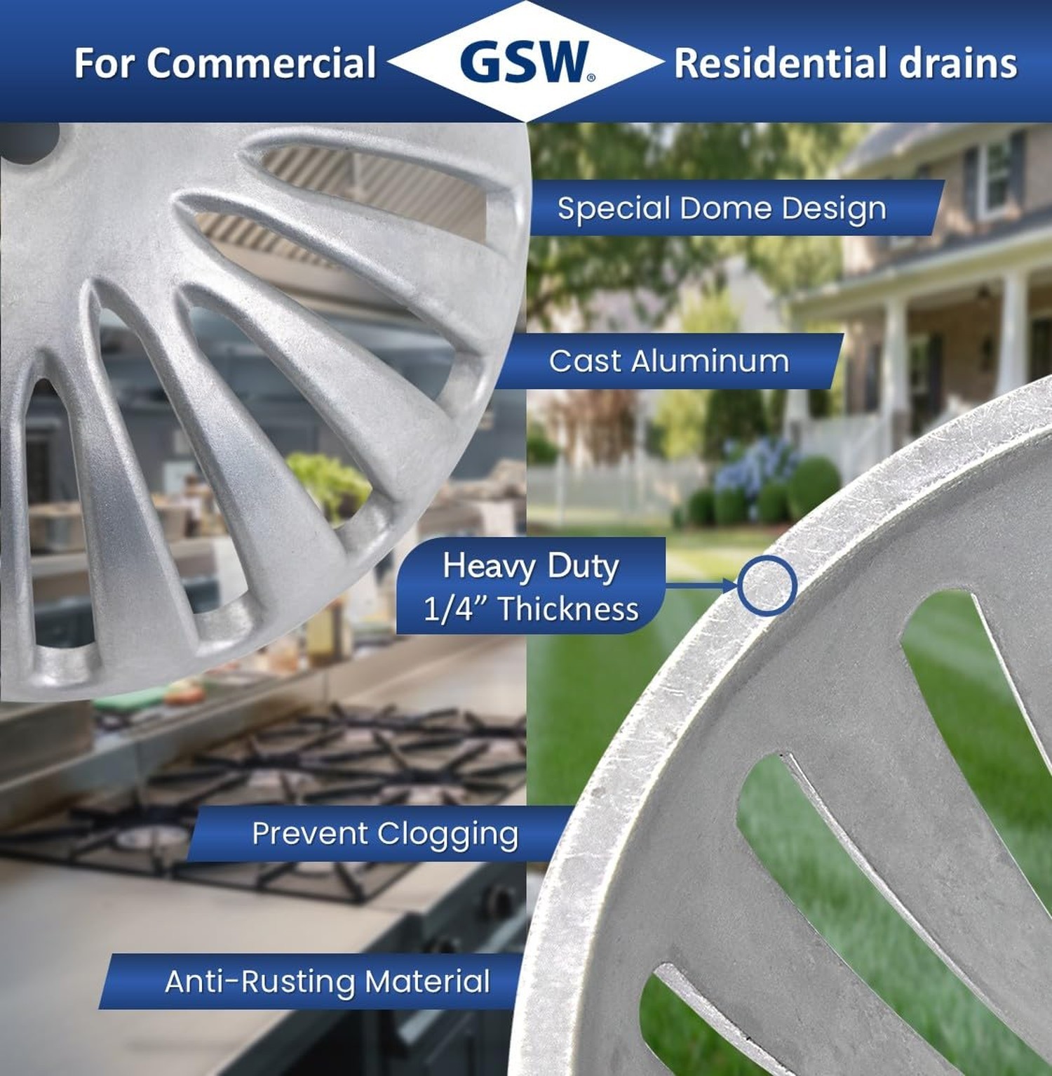 GSW FS-DS Heavy Duty Aluminum Dome Sink Drain Strainer Floor Drain Cover for ...