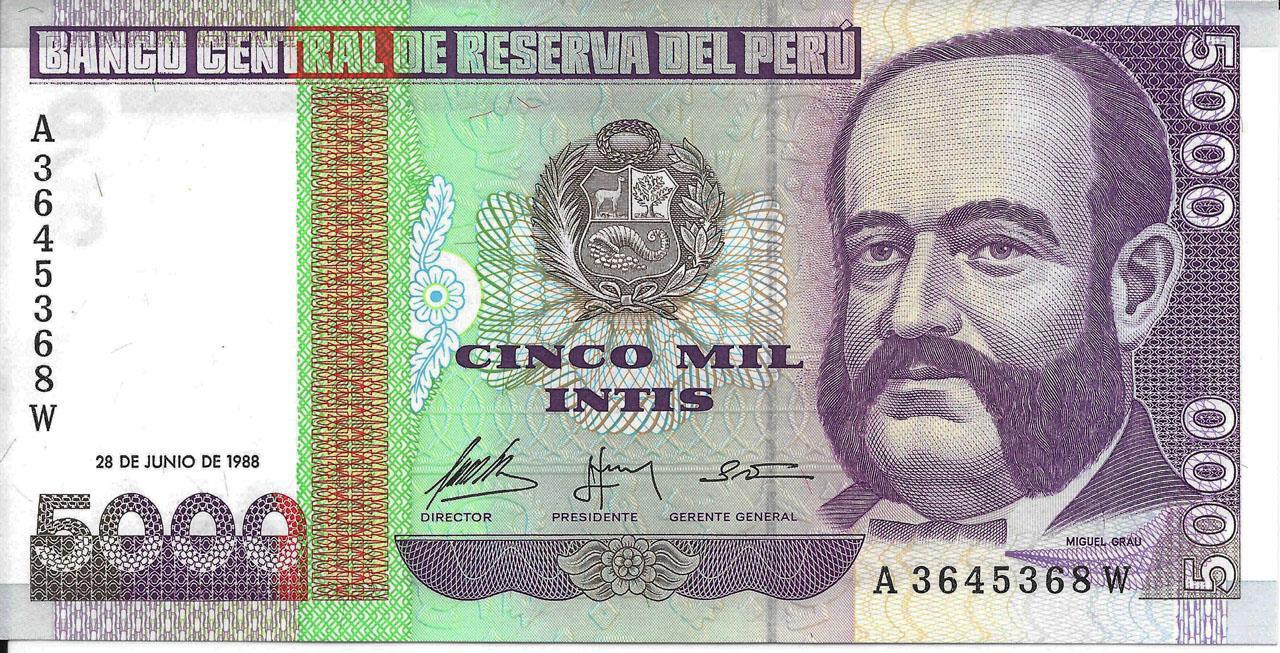 Peru 5000 Intis - 1988 - Pick# 137 - Gem UNC - S/N A 3645368 W
