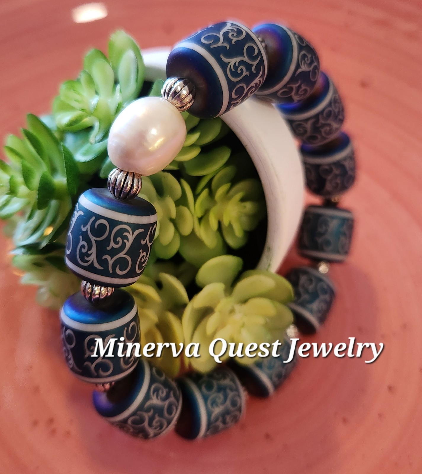 Handmade Decorative Blue Glass Stainless Steel Freshwater Pearl Bracelet #2614