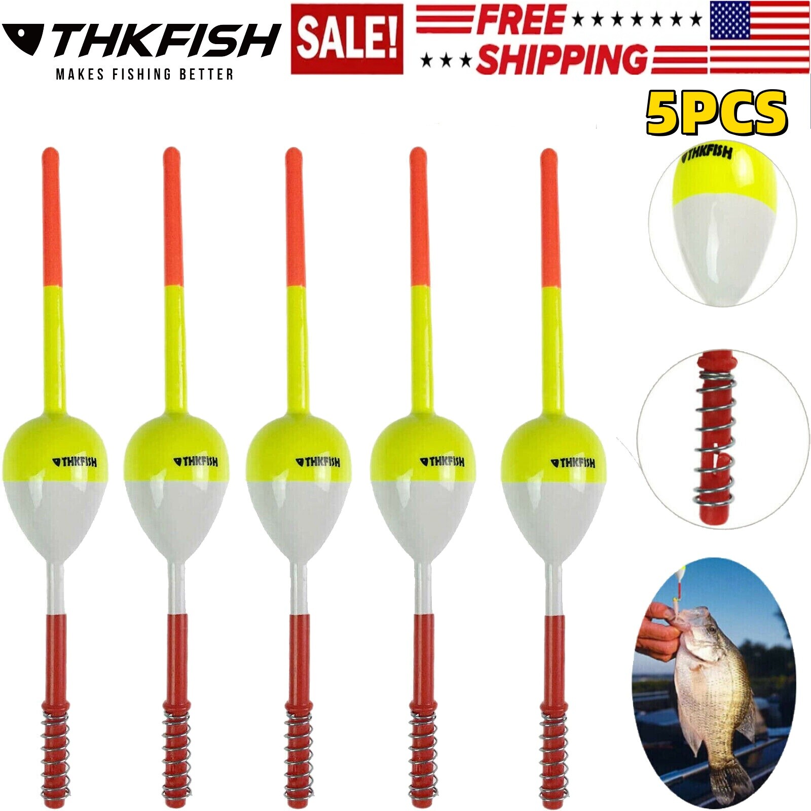 THKFISH 5PCS Fishing Floats Bobbers Balsa Wood Floats Spring Bobbers with Oval