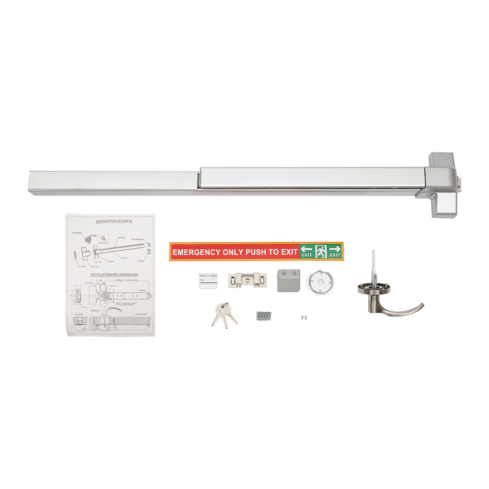 Fire Rated Panic Exit Device Push Bar 1760℉ 72min w/ Ext Lever & 3 Keys