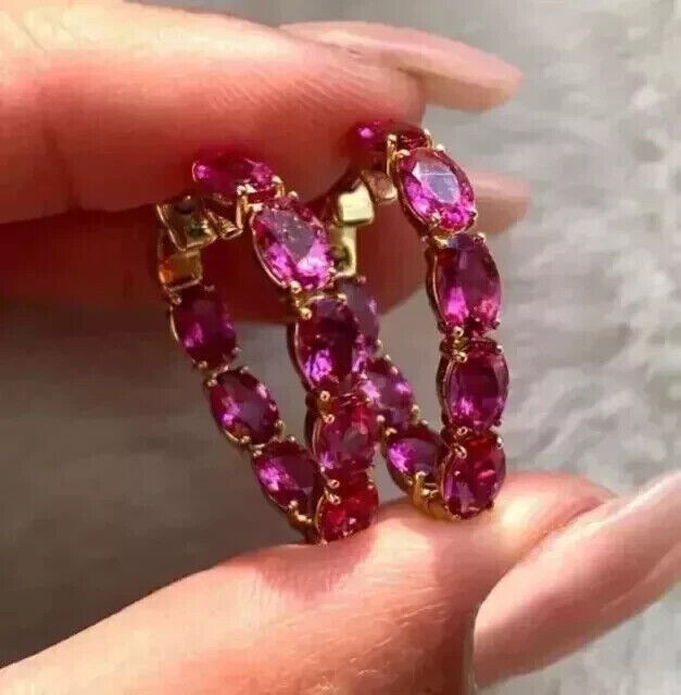 Oval Simulated Pink Sapphire Fancy Huggie Hoop Earring In 14k Yellow Gold Plated