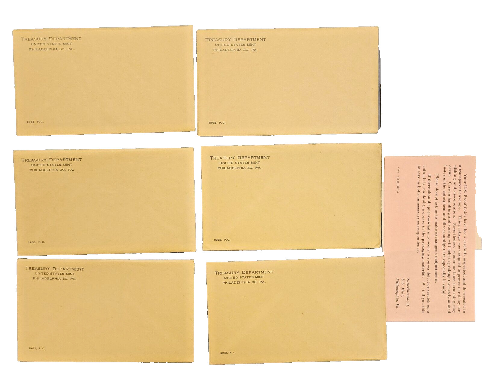 1963 Proof Set Envelope & cardboard Insert Issued by US Mint. Qty 1 (NO COINS)