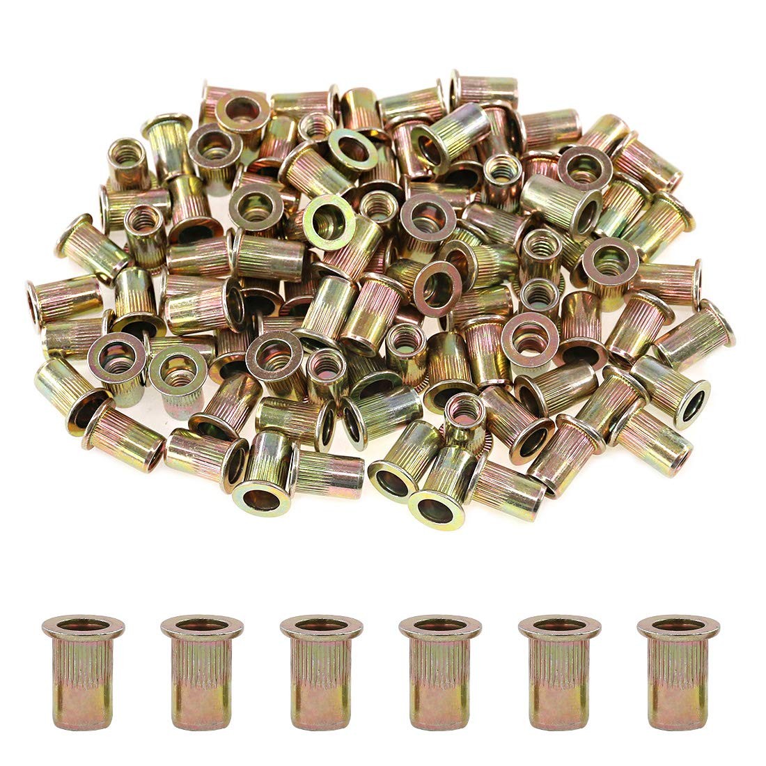 100 Pcs Rivet Nut 1/4-20UNC Zinc Plated Carbon Steel Flat Head Threaded Insert