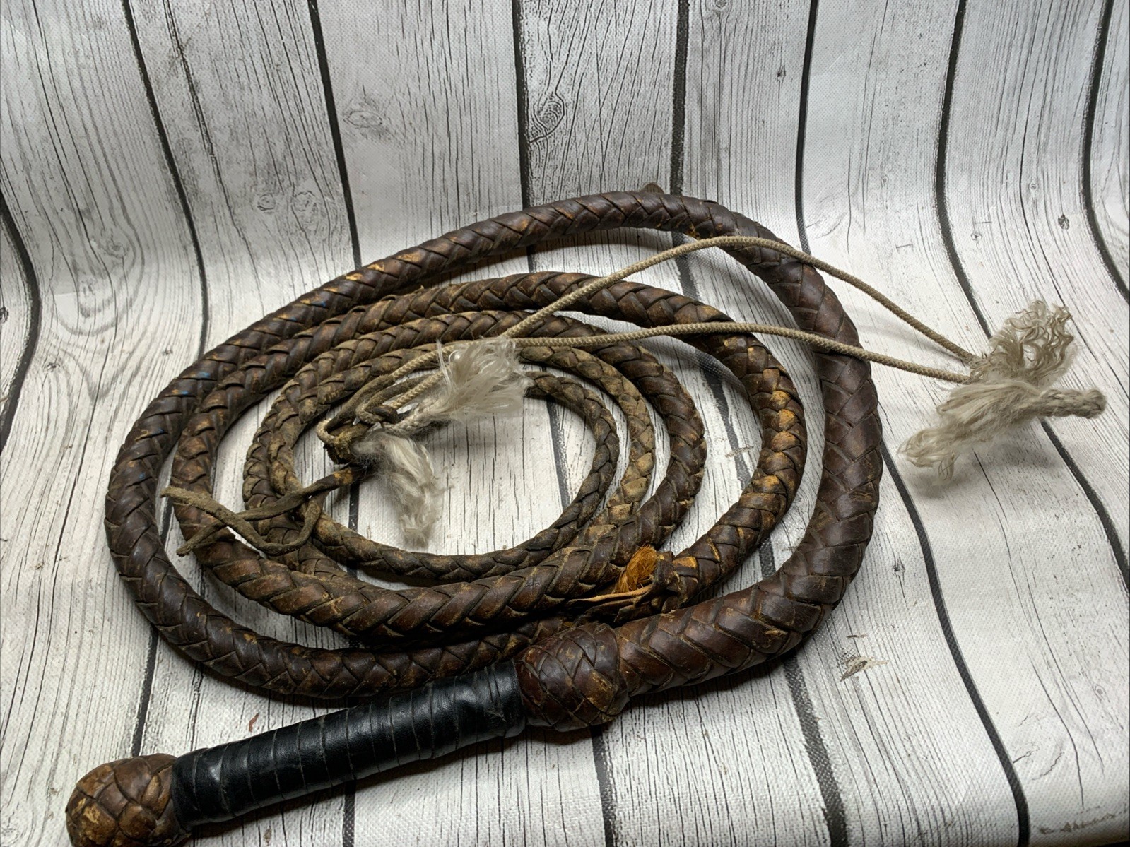 Vintage Braided Leather Bullwhip Hand Woven Cowboy Whip 127 Inches