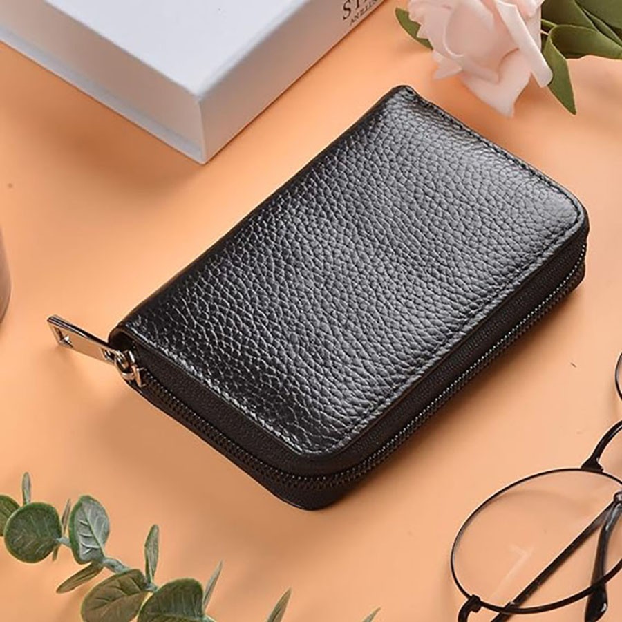 Compact Genuine Leather Zipper Wallet – RFID Blocking Secure Card Organizer
