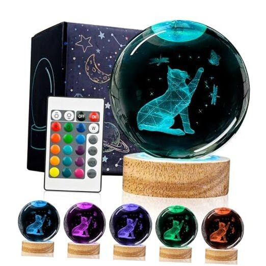 3D Cat Crystal Ball Night Light Cat Lover Gifts for Women Upgraded Cute Cat