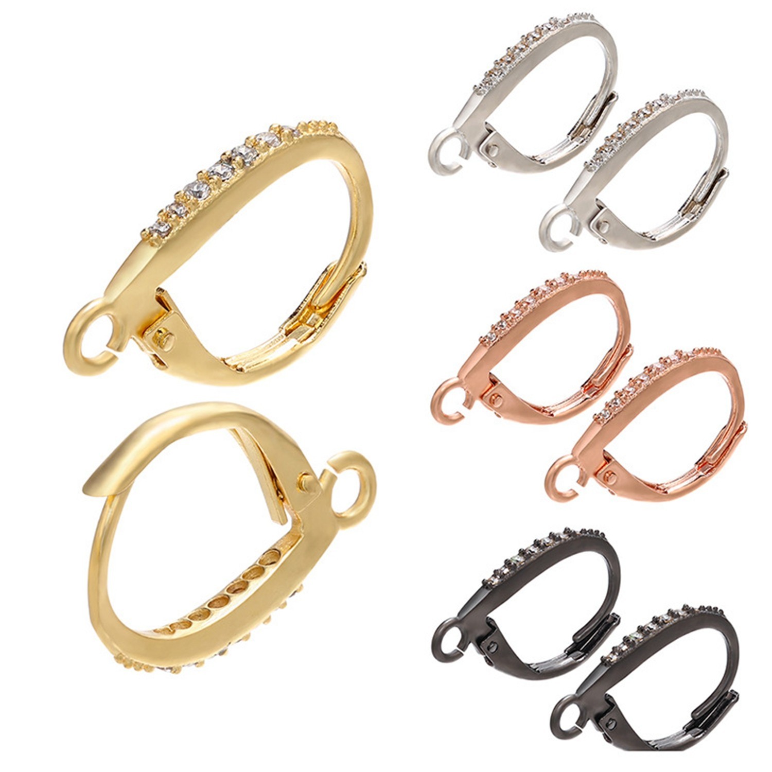 2Pairs 18K Gold/Rhodium Plated Brass CZ Pave Earrings Component Hoop GZK23