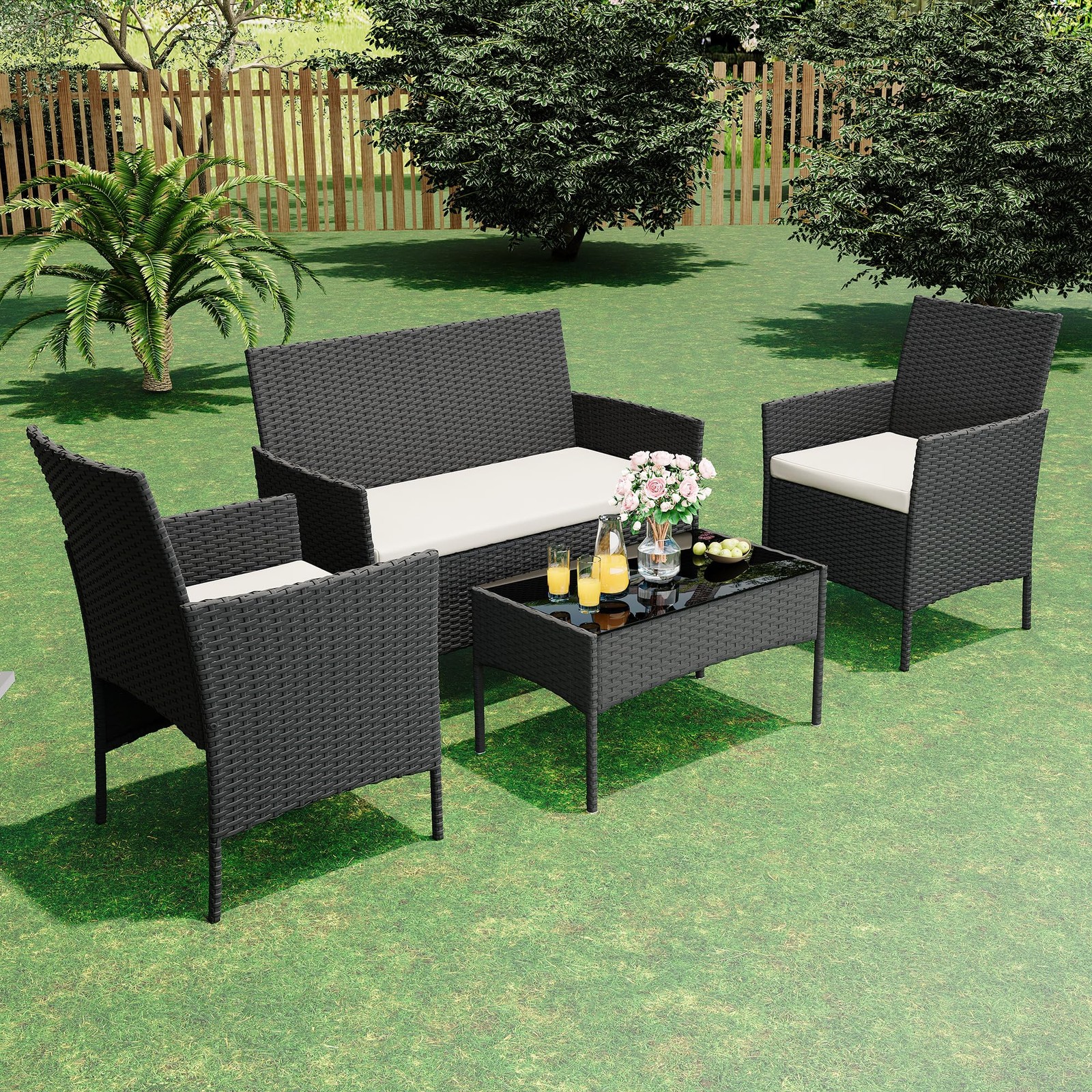 4-Piece Wicker Patio Conversation Set,Outdoor Furniture,Coffee Table for Garden