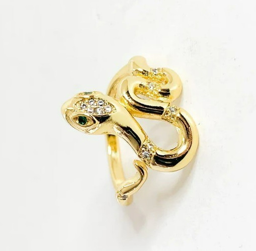 Gold-Tone Snake Ring Women CZ Emerald Eyes Adjustable Statement Cocktail Gift