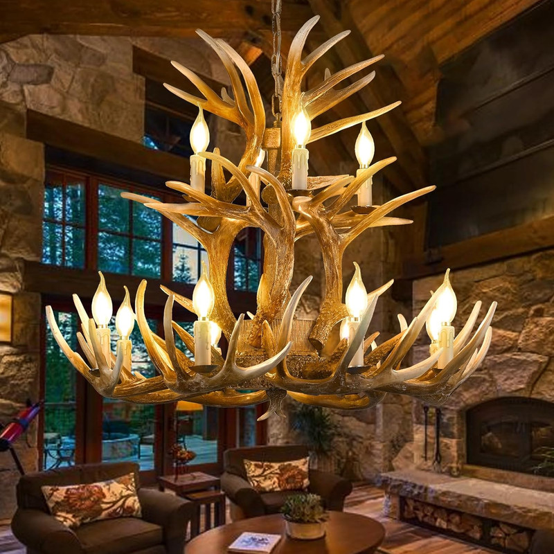 Rustic Faux Deer Antler Chandelier - 2-Tier Lighting for Dining Room & Foyer