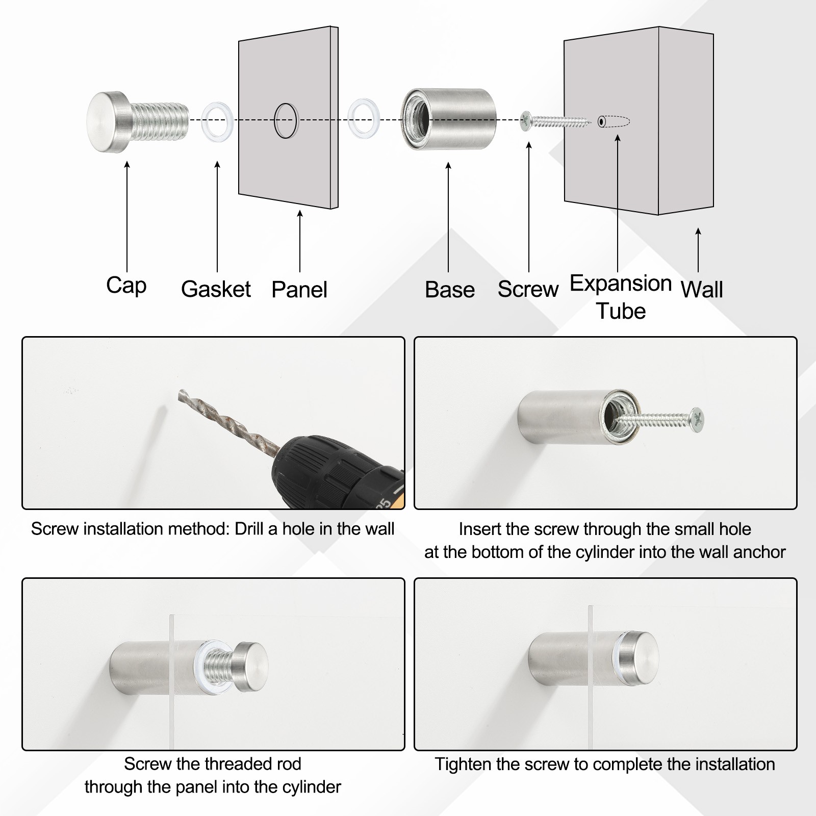 1x3.9" Standoff Screws, 8 Pack Stand Off Wall Mounts, Silver