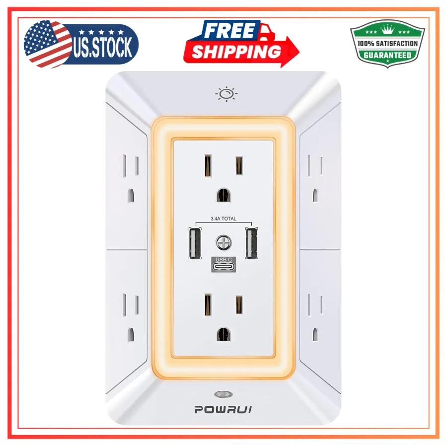 POWRUI 6 Outlet Surge Protector Extender with 3 USB Ports and Night Light White