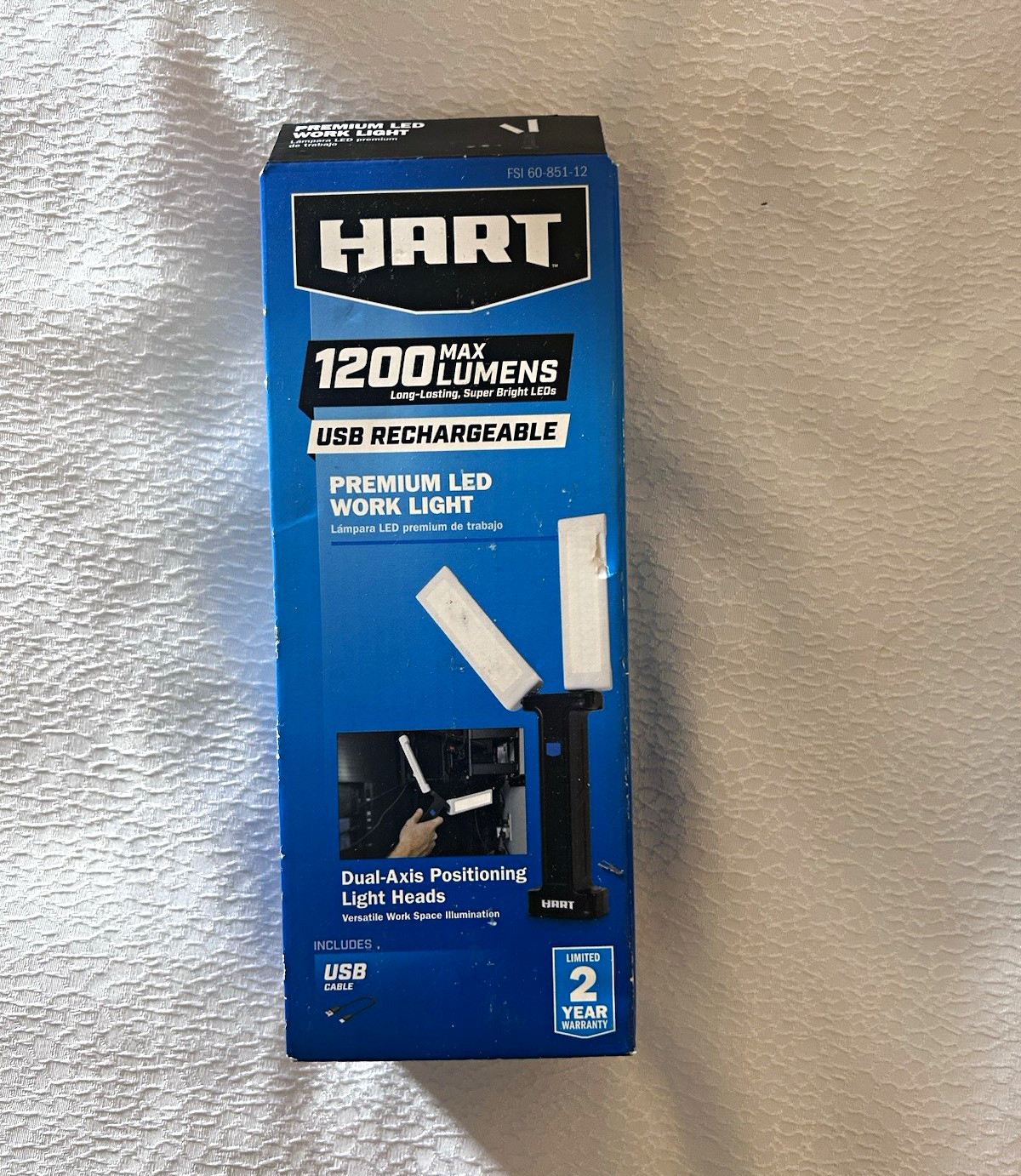 HART LED Worklight 1200 Lumens USB Rechargeable Cordless 5V Plastic Black/White