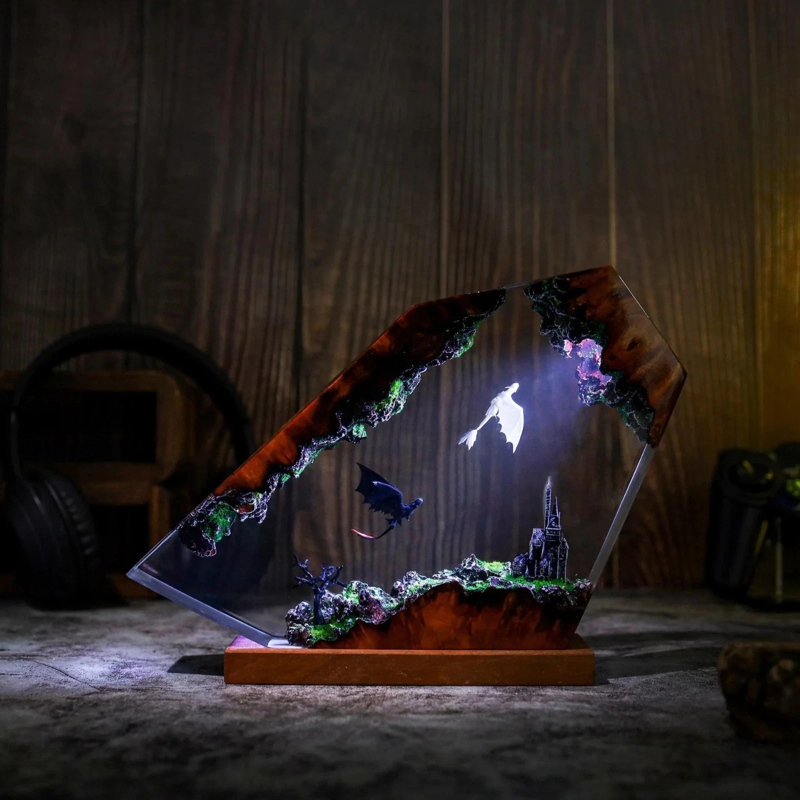 Fire Breathing Toothless and Light Fury Lamp, HTTYD Dragon Resin Art Night Light