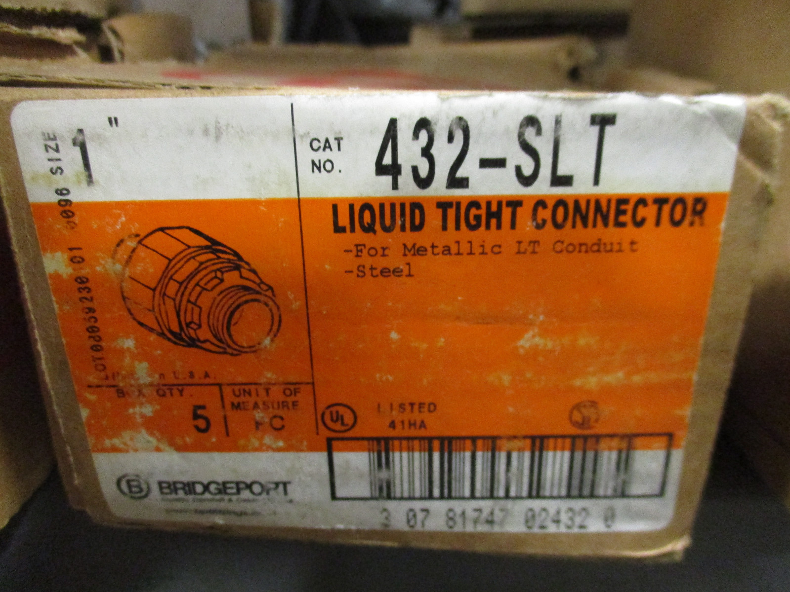 Bridgeport 432-SLT, BOX OF (5), 1" Steel Straight Liquid Tight Connector- NEW