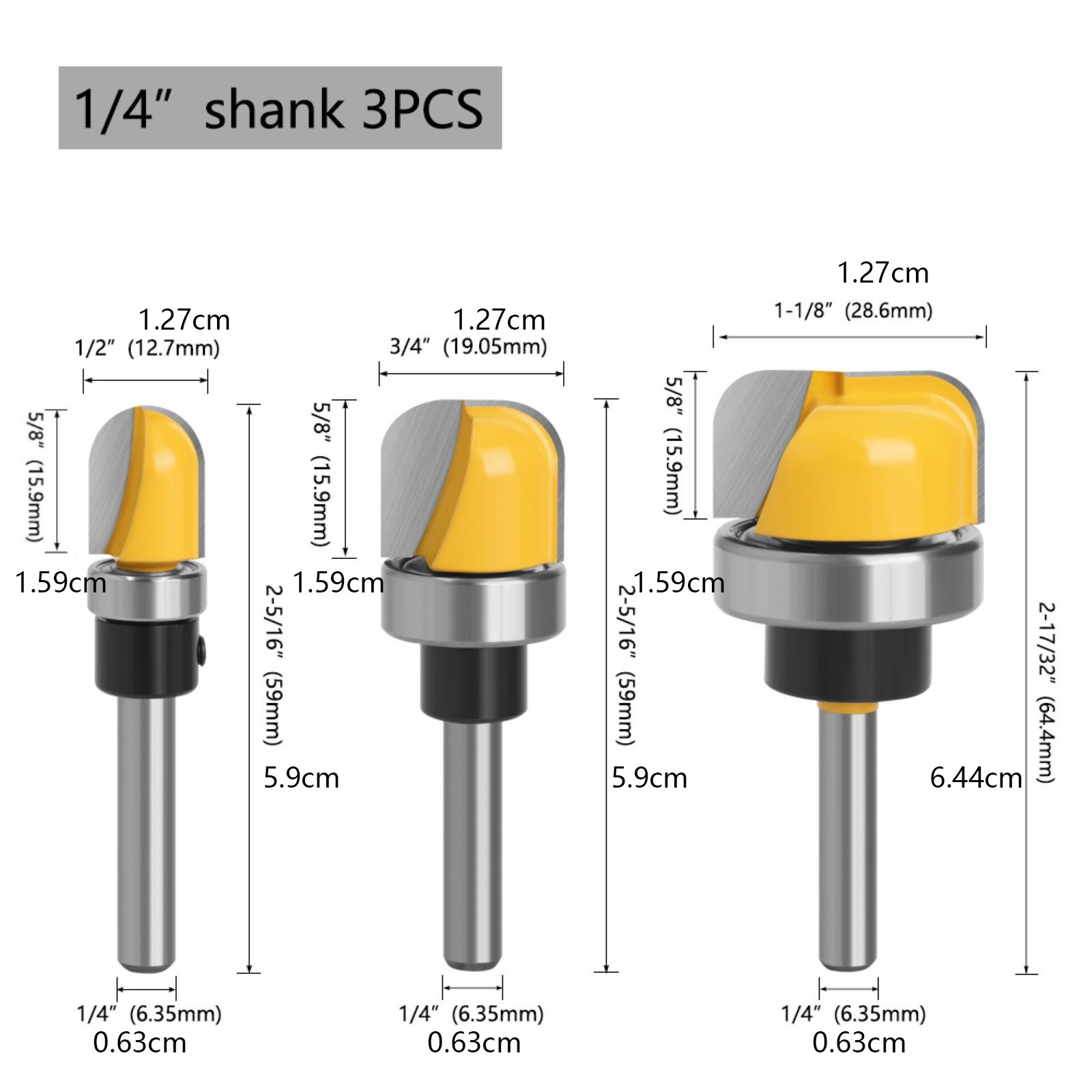 1/2 3/4 Tray Template Router Bit Tool Set Diameter 3pcs 1/4 Shank Bowl