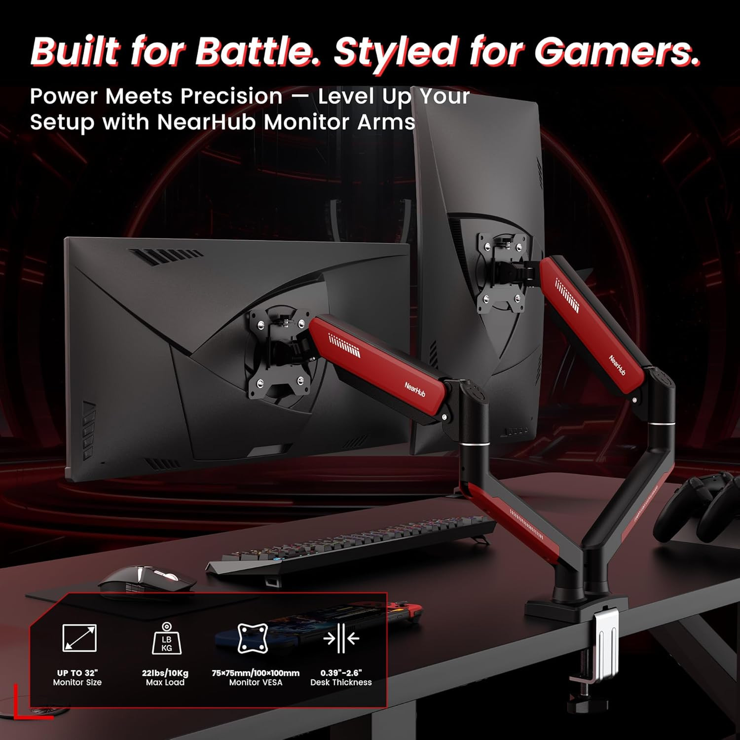 Red Dual Monitor Mount for 13-32" Screens, 360° Rotation, VESA Compatible