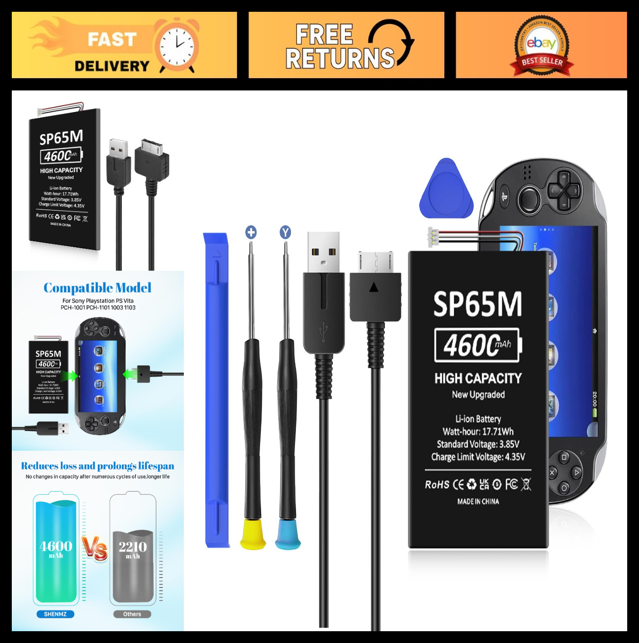 High Capacity 4600mAh PS Vita 1000 Battery Replacement + Charger Cable & Tools