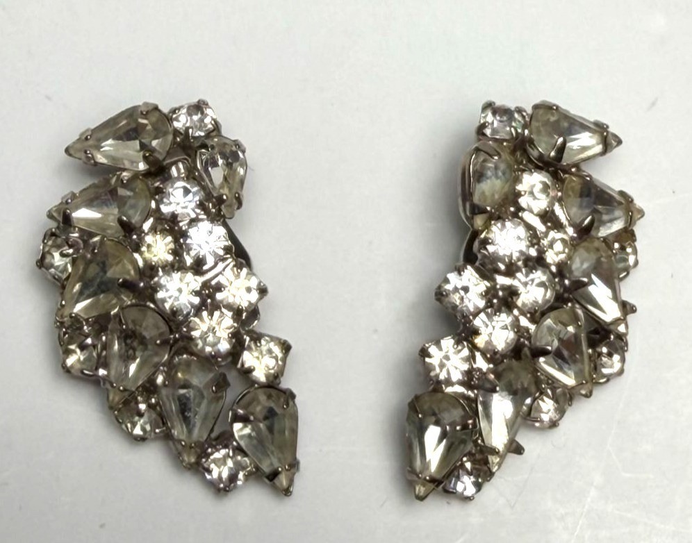 Vintage Rhinestone Cluster Clip Earrings Pear Round Stones Silver Tone Statement
