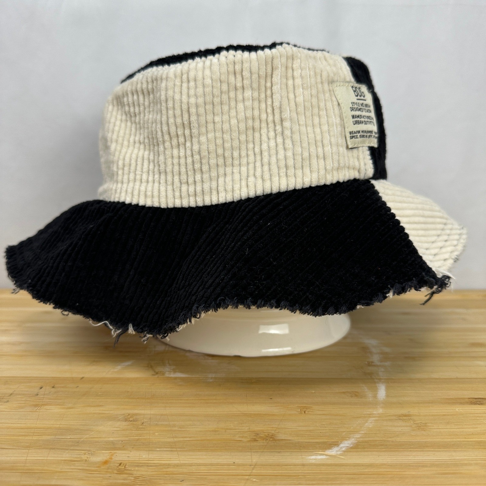 BDG Urban Outfitters Black White Corduroy Bucket Hat Frayed Colorblock Patch