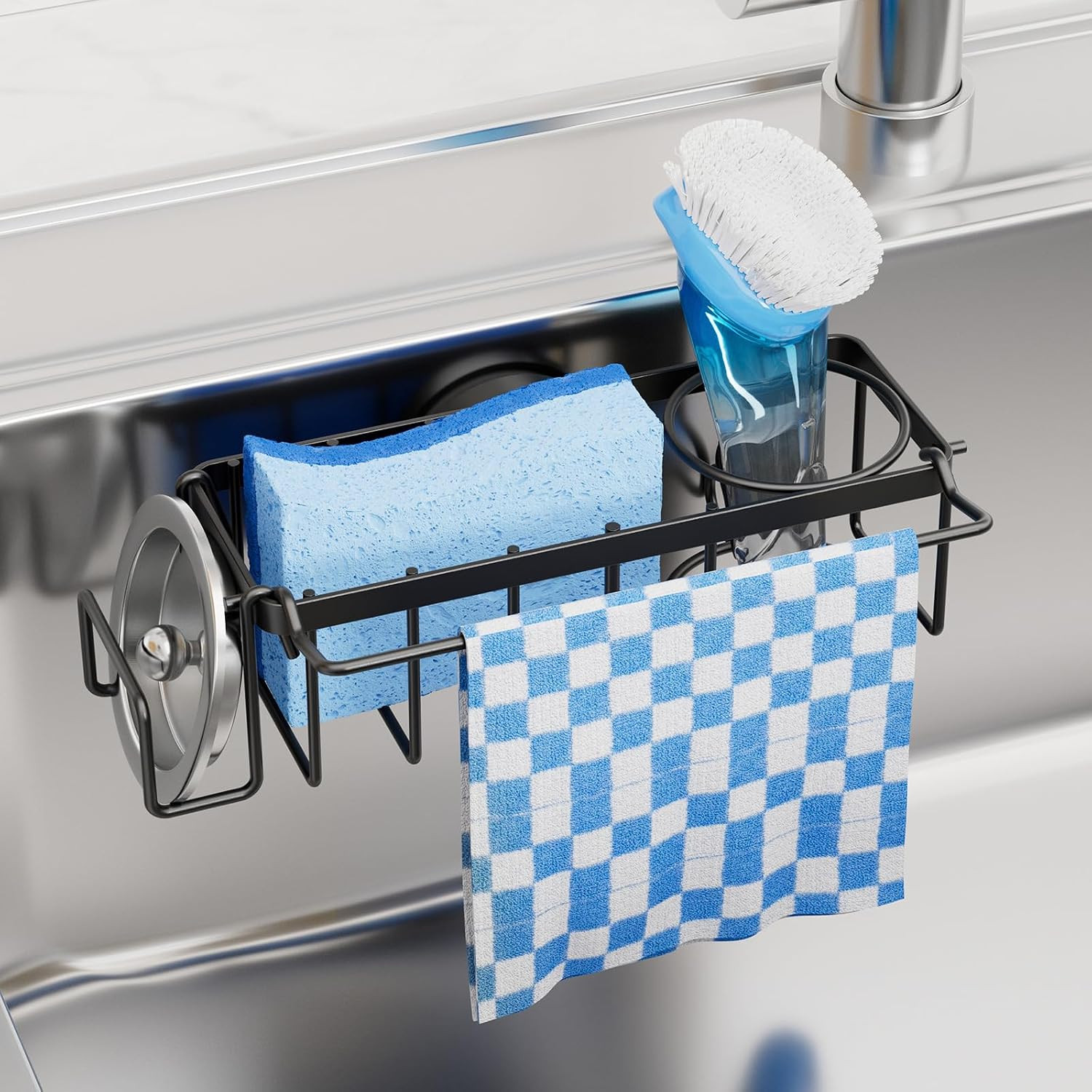 TAILI 4-In-1 Sink Caddy for Kitchen Sink with Strong Suction Cup-Black | Removab