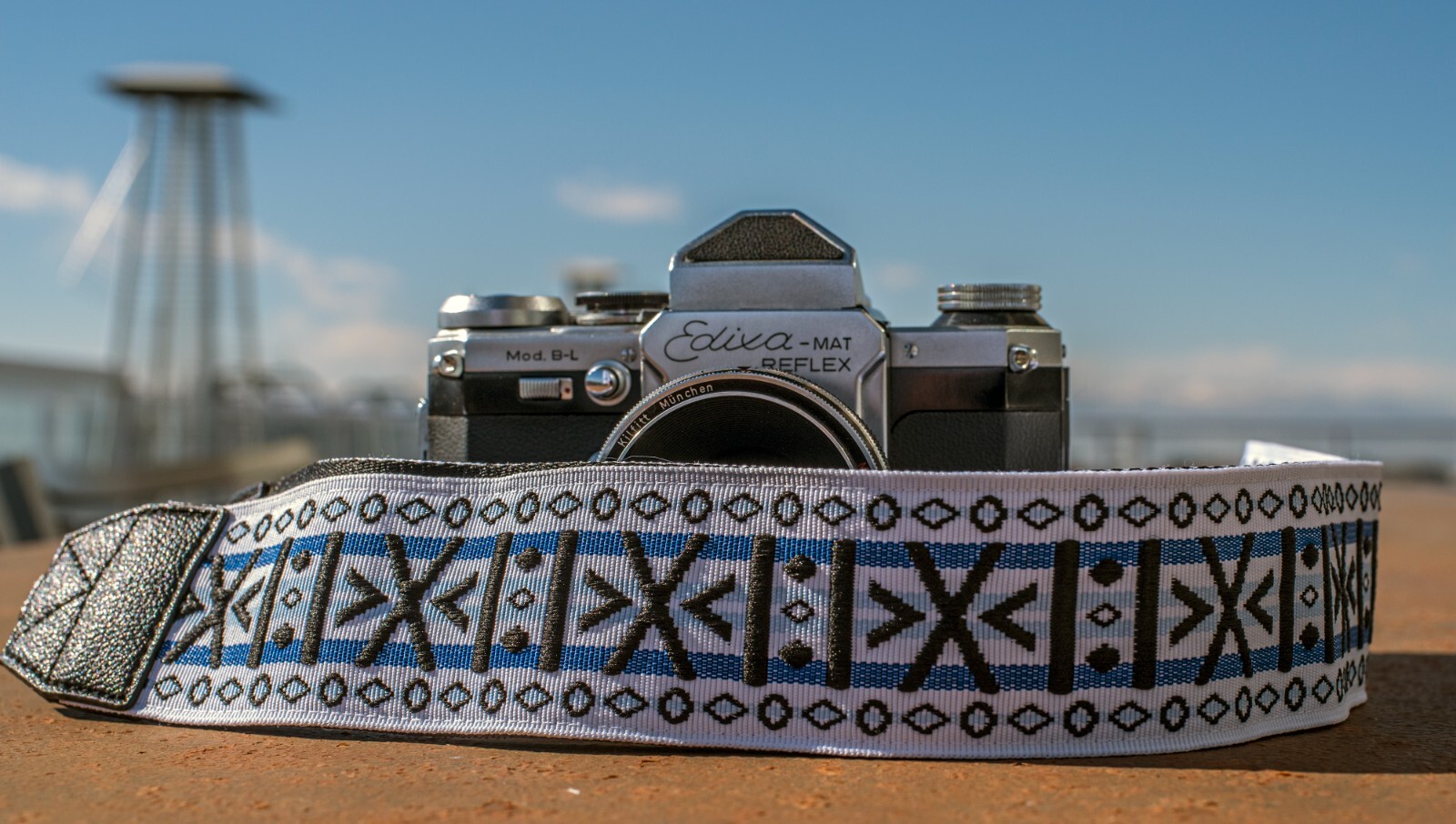 Stunning White, Blue, and Black Geometric Pattern Hippie-inspired Camera Strap