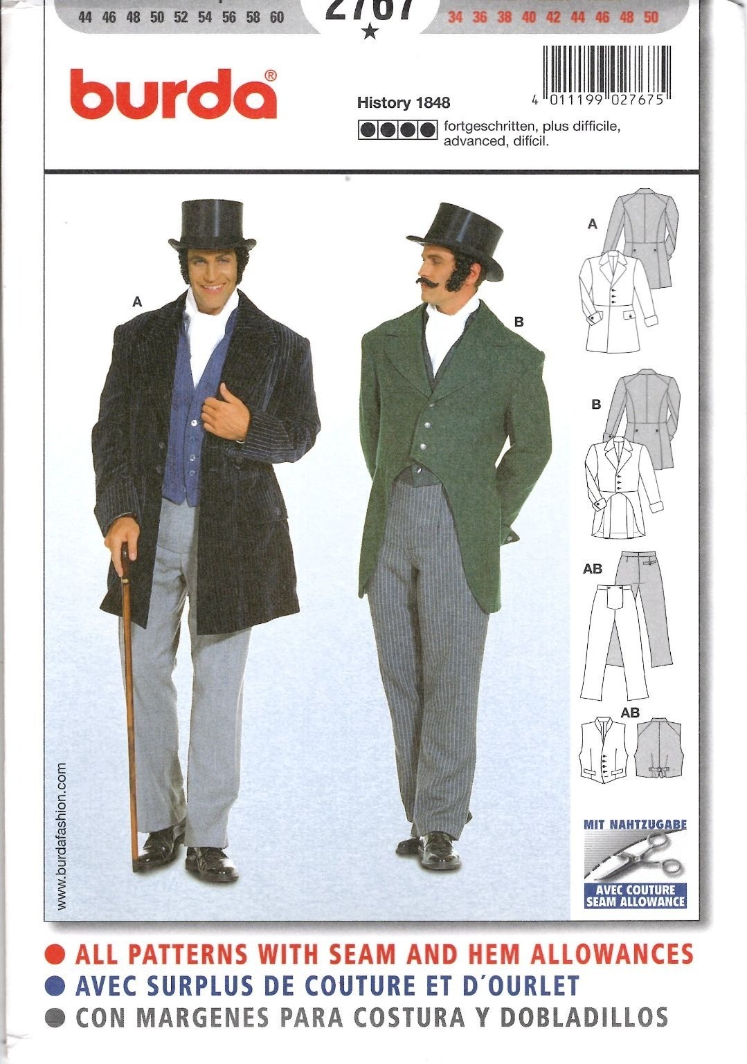 Burda 2767 Mens 34 to 50 Victorian Suit Costume Uncut Sewing Pattern