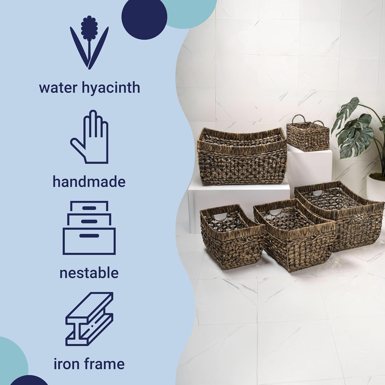 Aria Bohemian Handwoven Water Hyacinth Nesting Baskets - Set of 5