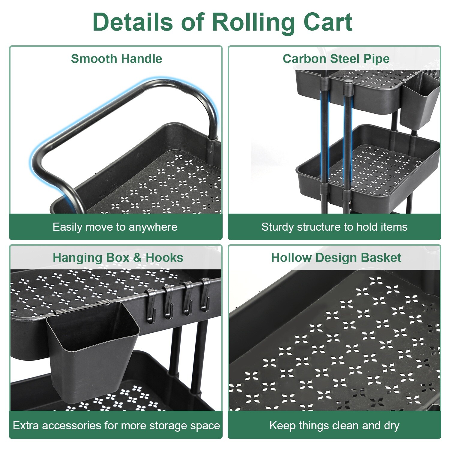 3 Tier Rolling Utility Cart Movable Storage Organizer w/ Baskets Lockable Wheels