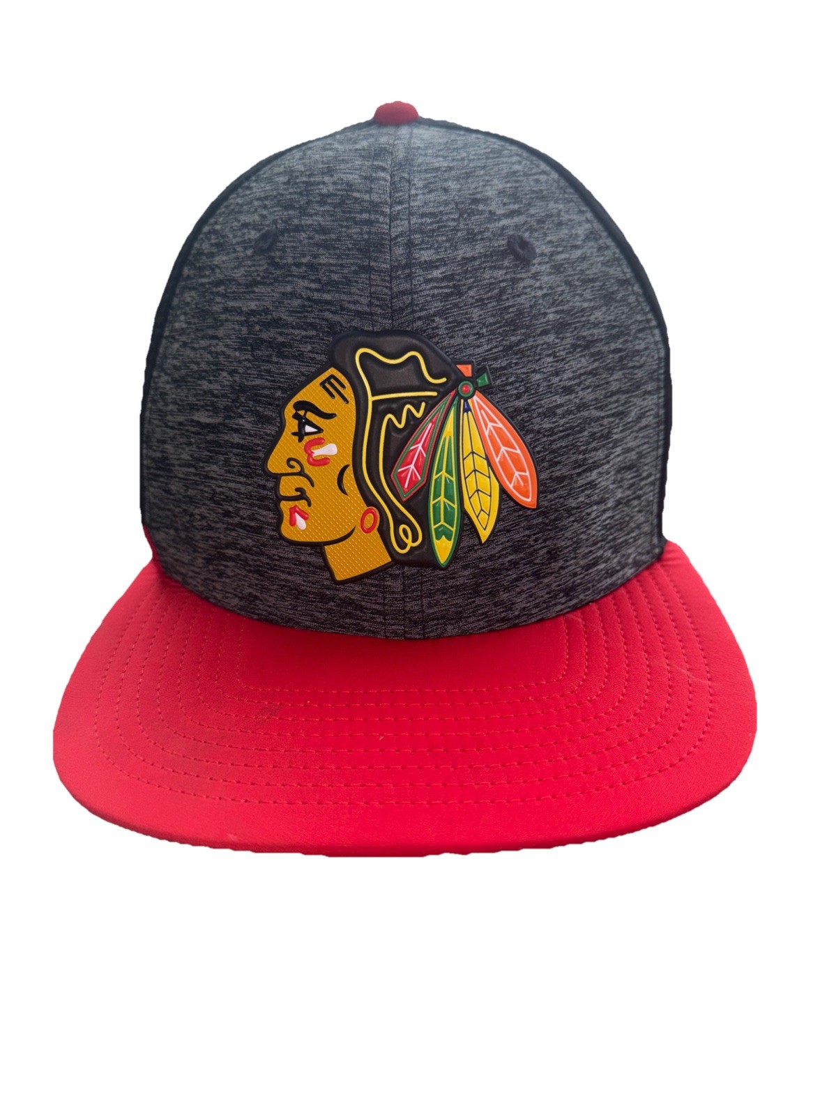 Chicago Black Hawks Head Logo on Black & Heather Gray Hat Cap Red Bill Snapback