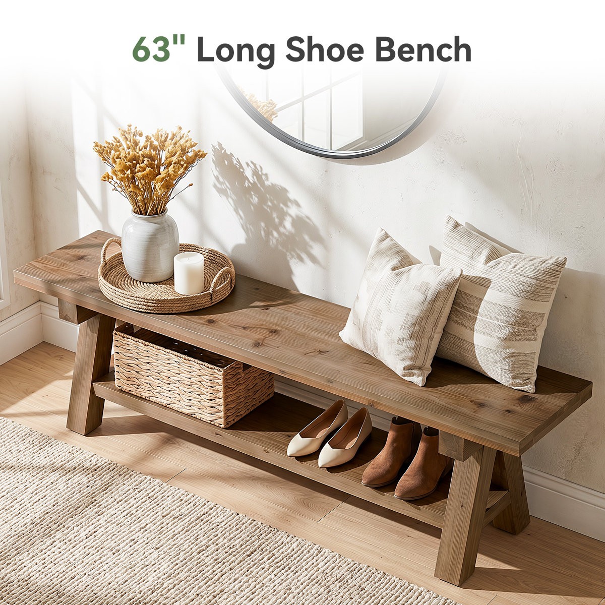 63" Solid Wood Entryway Bench, Dinning Bench with Open Storage for Dining Room