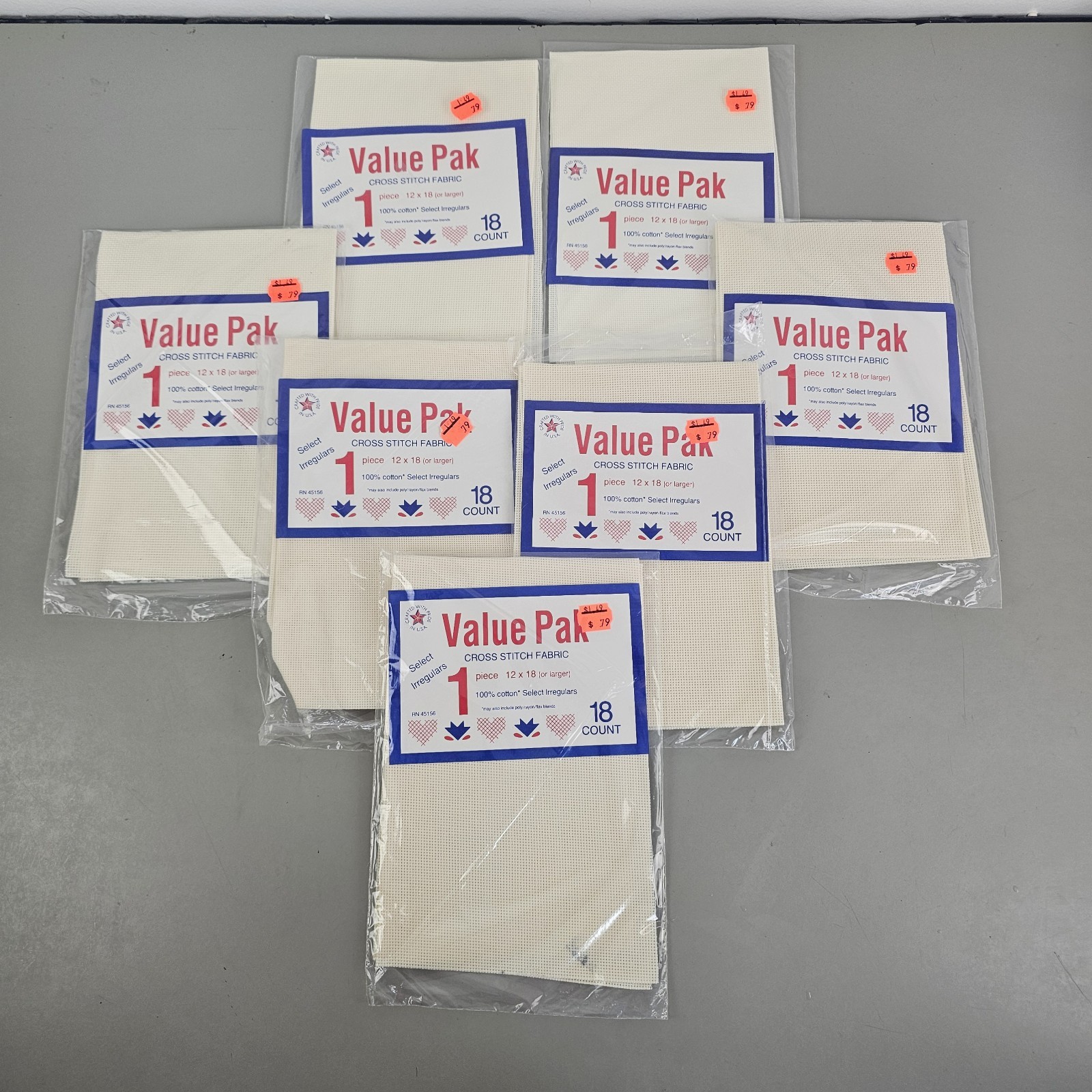Lot Of 7 Value Pak Cross Stitch Fabric 1 Piece 12x18 - 18 Ct Aida