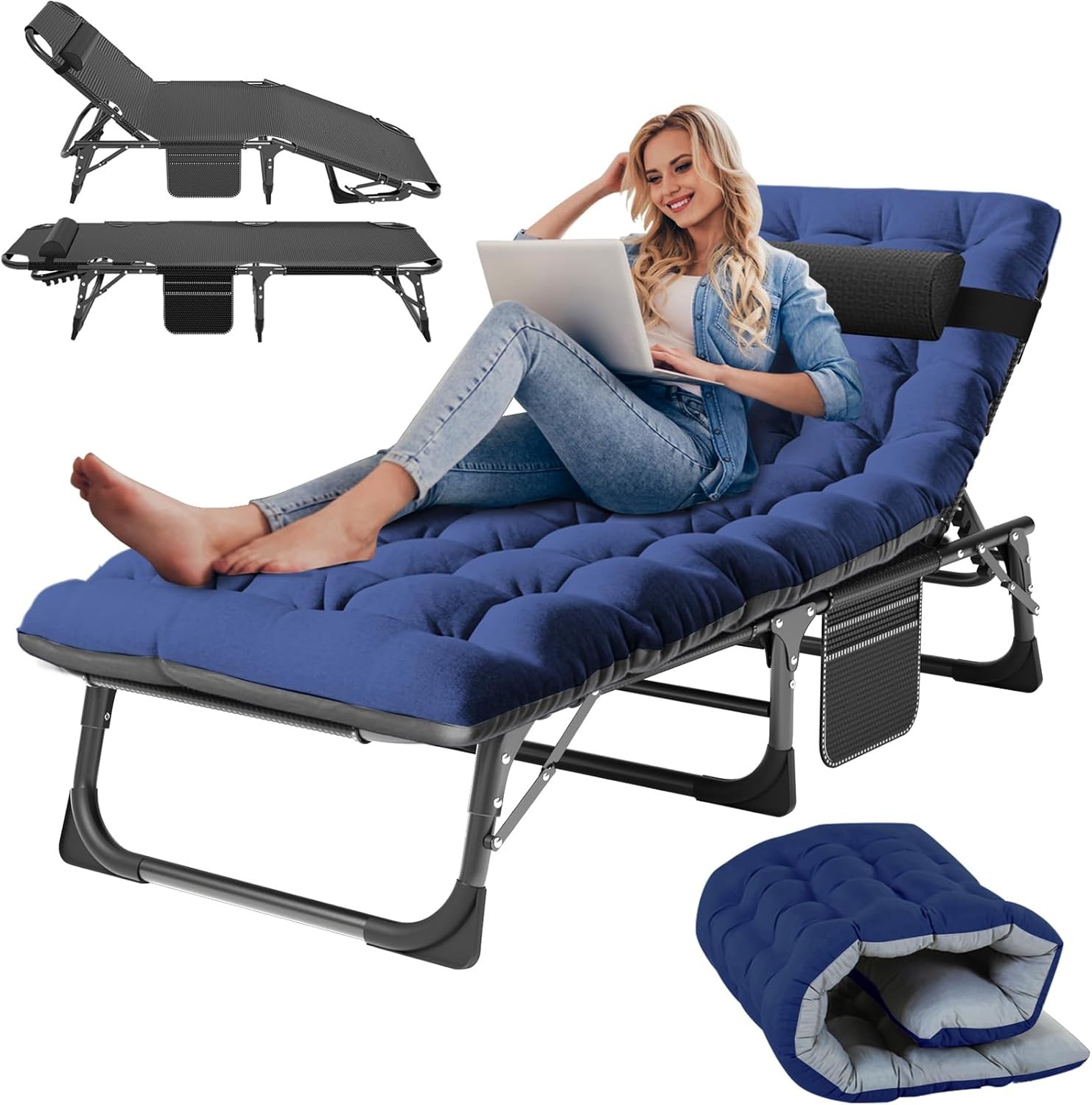 H&ZT Camping Cot 5 Gears Adjustable Folding Chaise Chair Bed w/Mattress Pillow