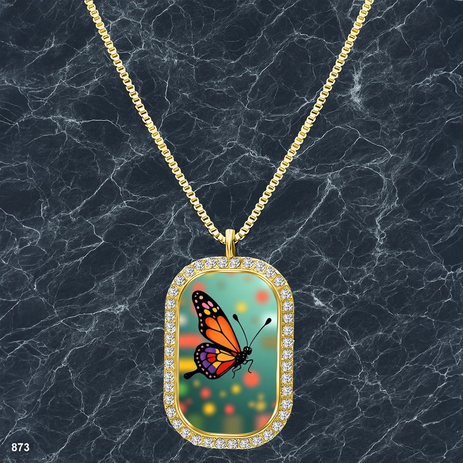 Gorgeous Colorful Butterfly Pendant Necklace Picture Design Sleek Gold Tone Fine
