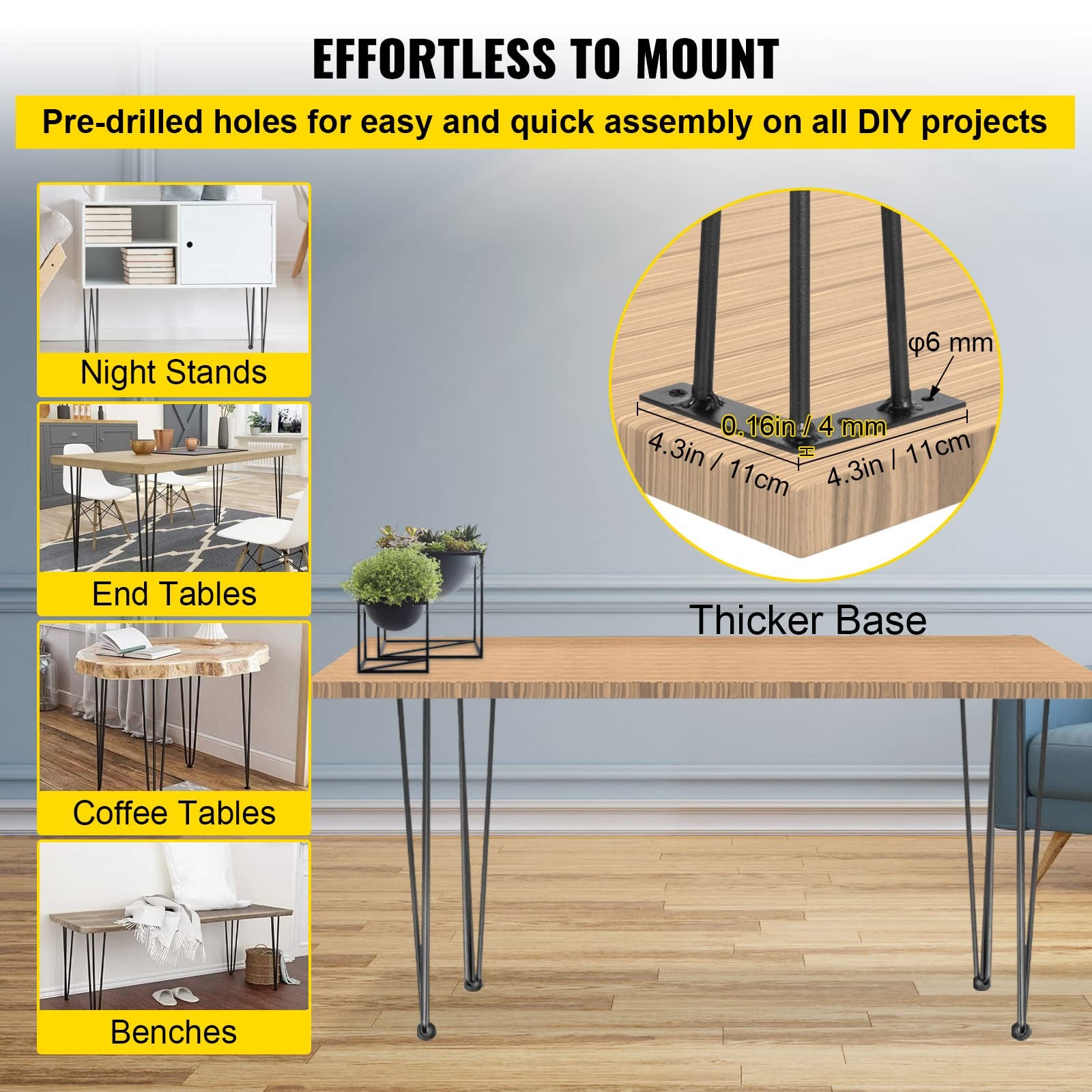 36 Inch Black Hairpin Table Legs Set of 4 Durable Steel for DIY Furniture Pro...